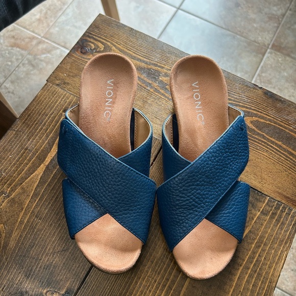 Vionic Blue Cork Wedge Leather Sandals - Picture 2 of 4